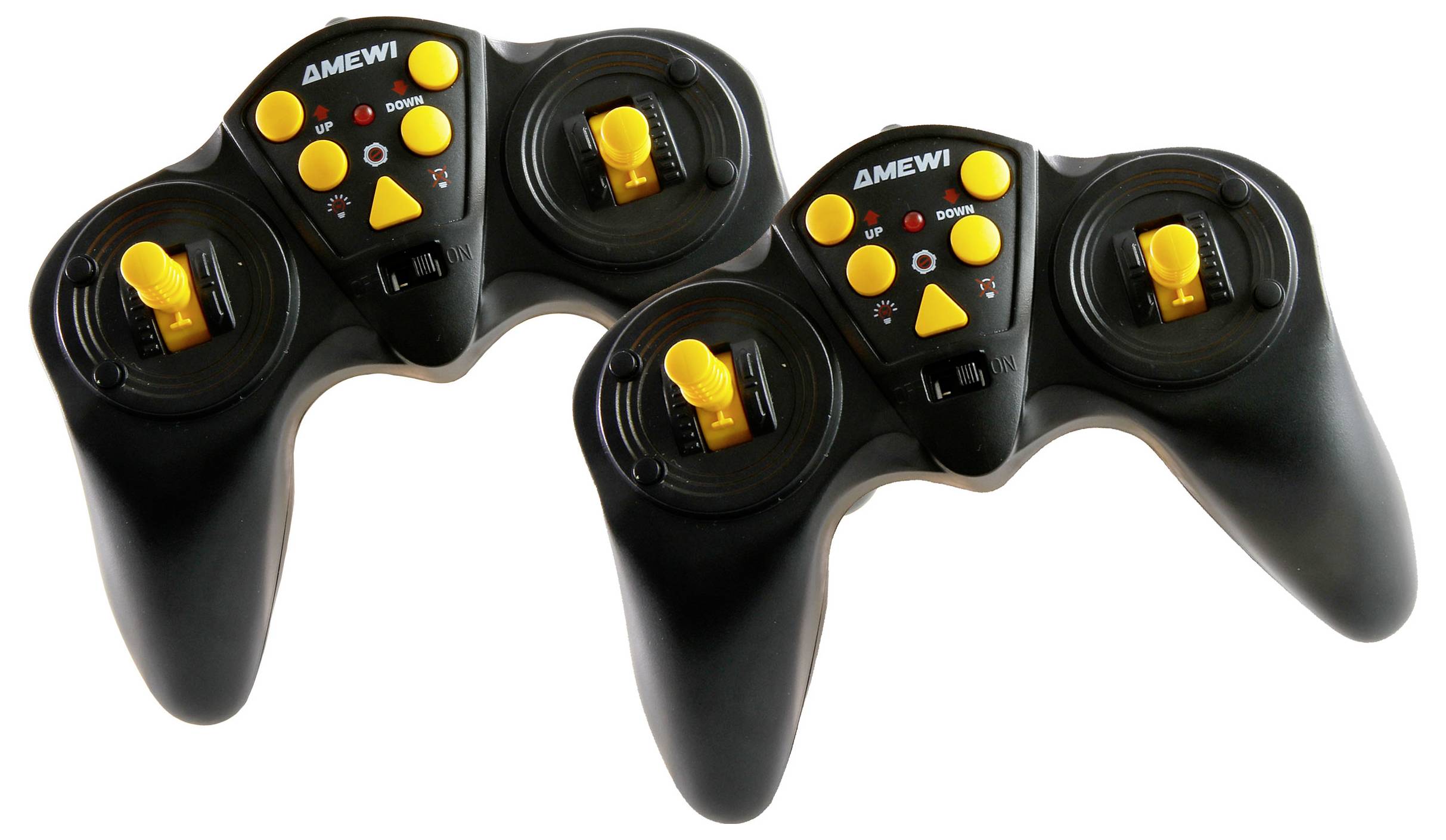 Dwa czarne kontrolery do gier z żółtymi drążkami i przyciskami, ułożone symetrycznie obok siebie, z oznakowaniem marki 'AMEWI'.