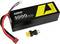 Akumulator wielokrotnego ładowania z żółto-czarnym oznakowaniem, na którym widnieje napis '5000 mAh 50C', z dołączonymi przewodami i adapterem wtykowym w pobliżu.