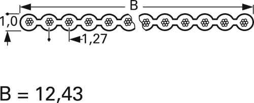 Diagram mechanicznej części z powtarzającymi się elementami kołowymi. Wymiary są oznaczone: szerokość wynosi 12,43, wysokość 1,0, rozstaw 1,27.