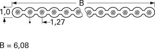 Diagram przedstawiający łańcuch z falistymi ogniwami o grubości 1,0 mm i szerokości 1,27 mm. Całkowita długość oznaczona jako "B = 6,08".