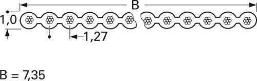 Diagram 'B = 7,35' przedstawiający dwie rzędy falistych linii z małymi kształtami kwiatowymi. Podane wymiary to 1,0, 1,27 dla wysokości oraz B dla długości.