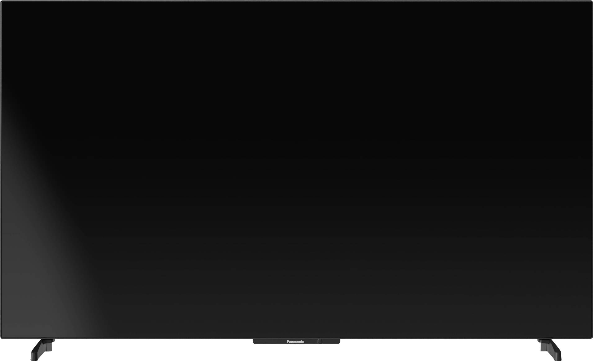 Duży telewizor z płaskim ekranem w eleganckiej czarnej ramce, wspierający się na dwóch małych nóżkach w dolnych narożnikach, ustawiony na neutralnym tle.