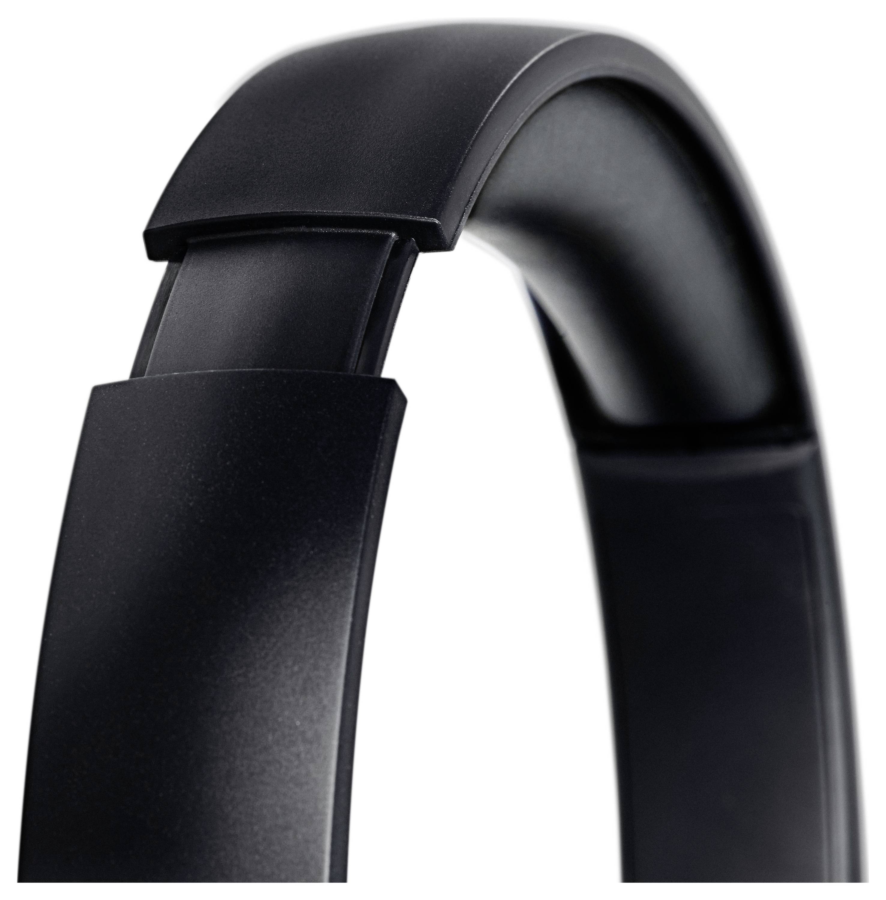 Zbliżenie na elegancki, czarny pałąk słuchawek wyposażony w miękką wyściółkę zapewniającą komfort użytkowania.