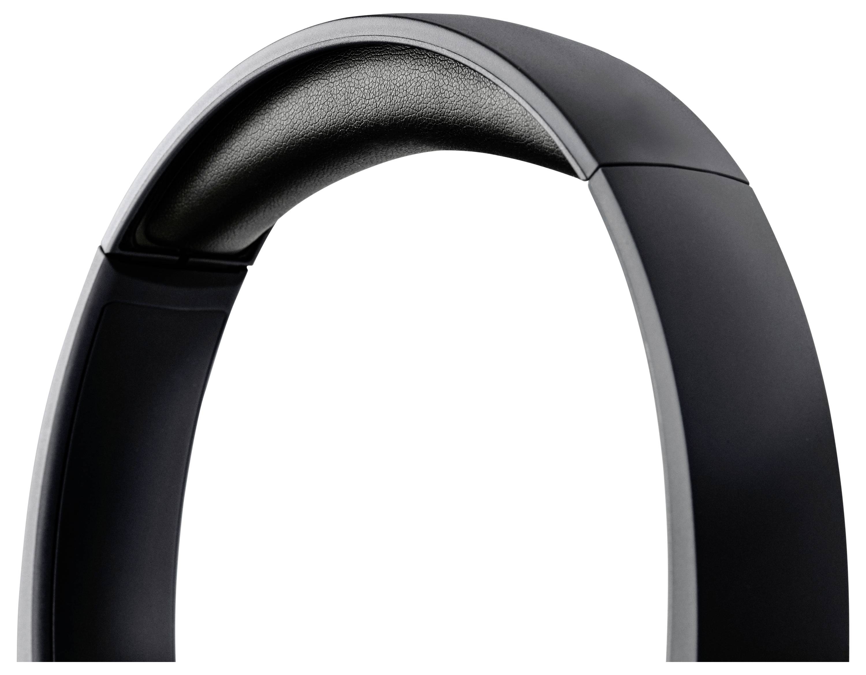 Zbliżenie na czarny pałąk słuchawek, prezentujące jego gładką, opływową sylwetkę oraz wyściełane wnętrze zapewniające komfort.