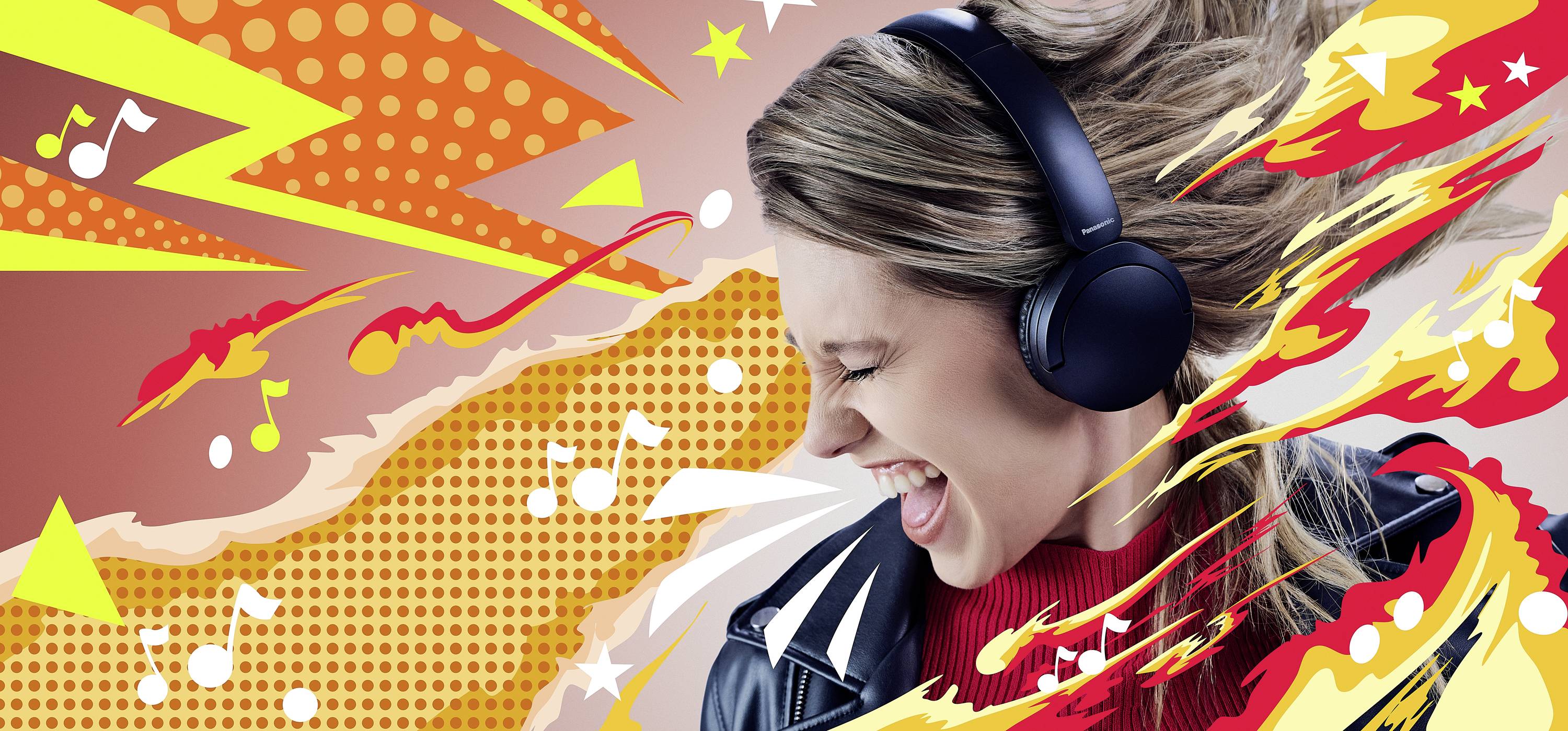 Osoba w słuchawkach radośnie delektuje się muzyką, otoczona żywymi, komiksowymi grafikami z nutami muzycznymi i jaskrawymi kolorami.