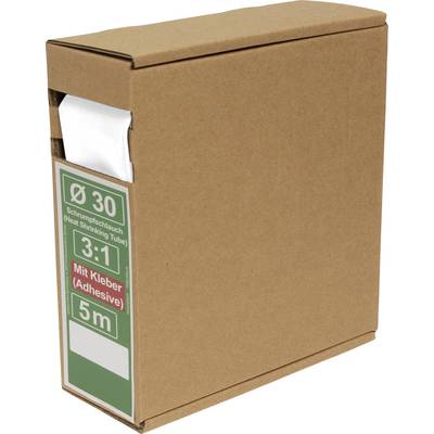 Brązowe pudełko kartonowe z etykietą 'Ø 30 Termokurczliwy przewód (Heat Shrinking Tube) 3:1 Z klejem (Adhesive) 5m', z częściowo widocznym białym przedmiotem.