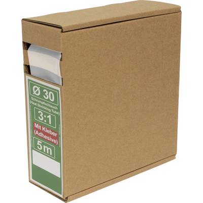Brązowe pudełko kartonowe z etykietą 'Ø 30 Termokurczliwy przewód (Heat Shrinking Tube) 3:1 Z klejem (Adhesive) 5m'