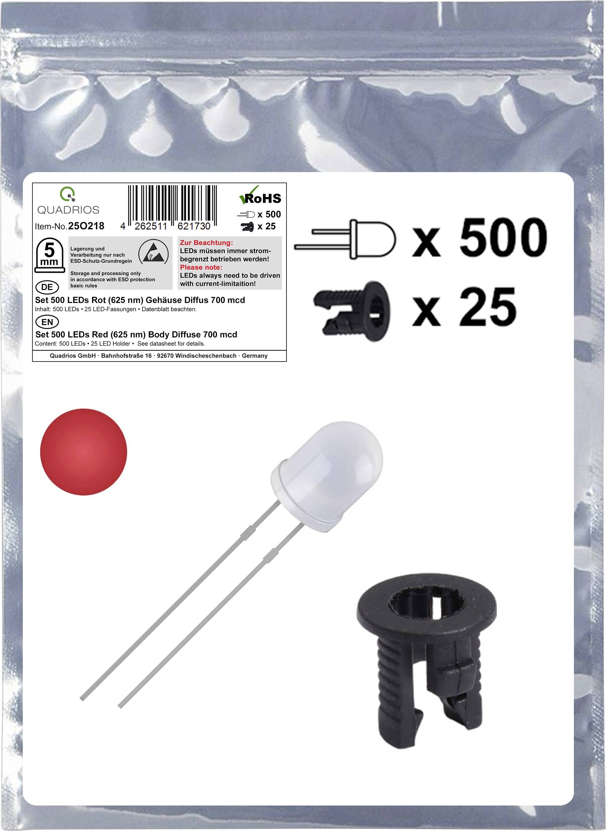 Аксесуари для світлодіодів Quadrios 25O218 25O218, 5 мм, 700 мкд, 525 деталей