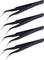 Cztery identyczne czarne pęsety o zakrzywionych końcówkach, ułożone równolegle, widoczne na pustym białym tle.