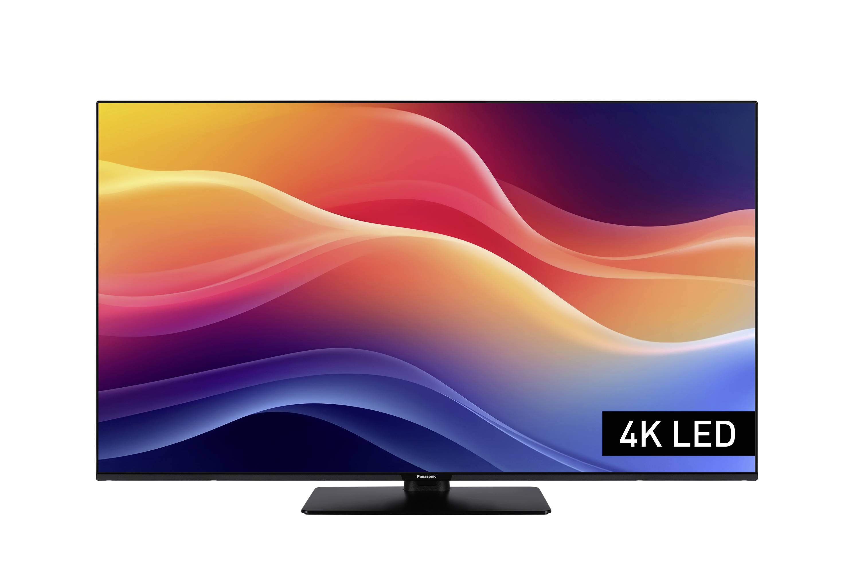 Na eleganckim, nowoczesnym telewizorze wyświetlają się żywe, kolorowe fale, a w rogu widnieje napis '4K LED', sugerujący wysoką jakość obrazu.