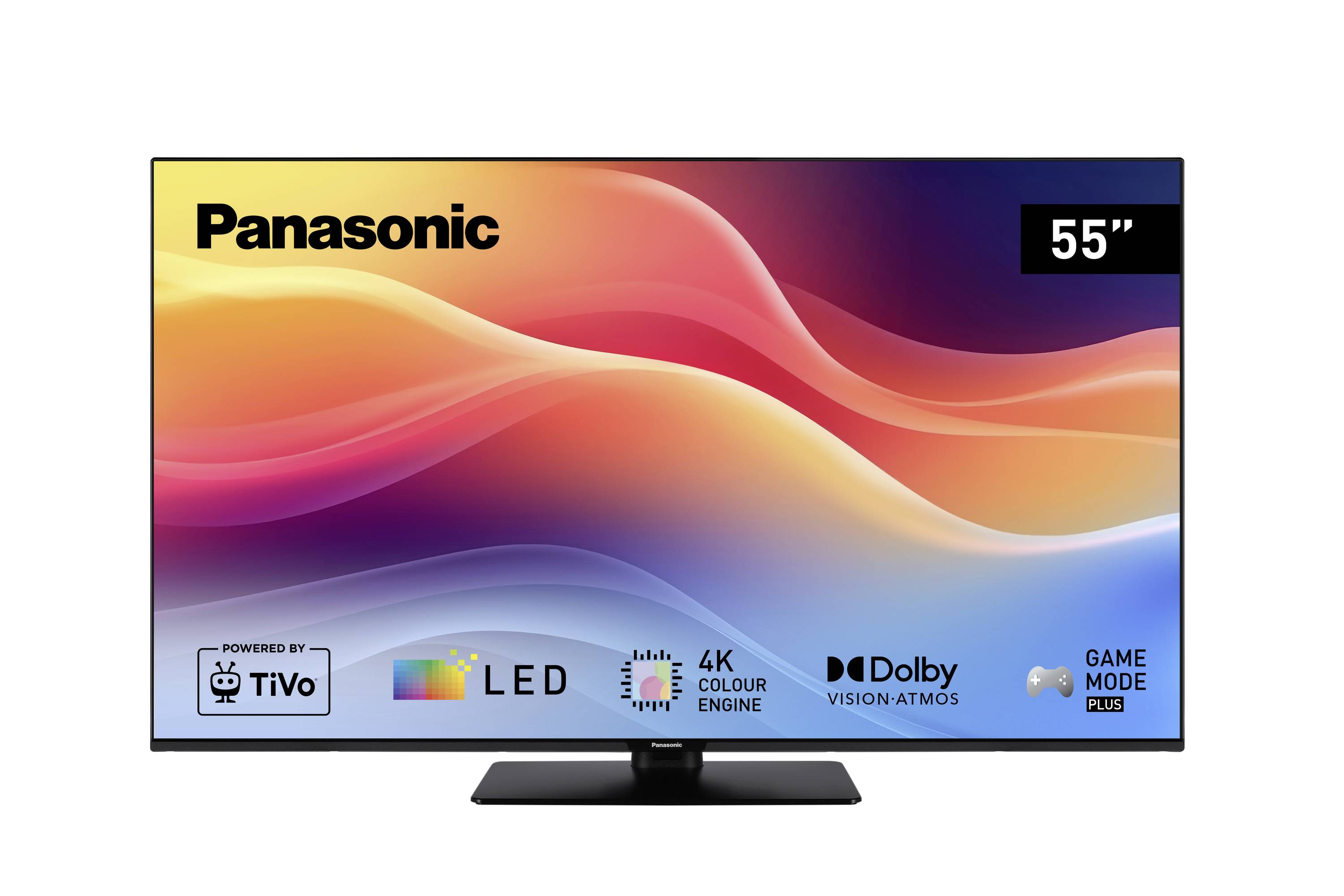 55-calowy telewizor Panasonic LED z silnikiem kolorów 4K, Dolby Vision Atmos oraz trybem Game Mode Plus. Podkreśla się integrację z TiVo.