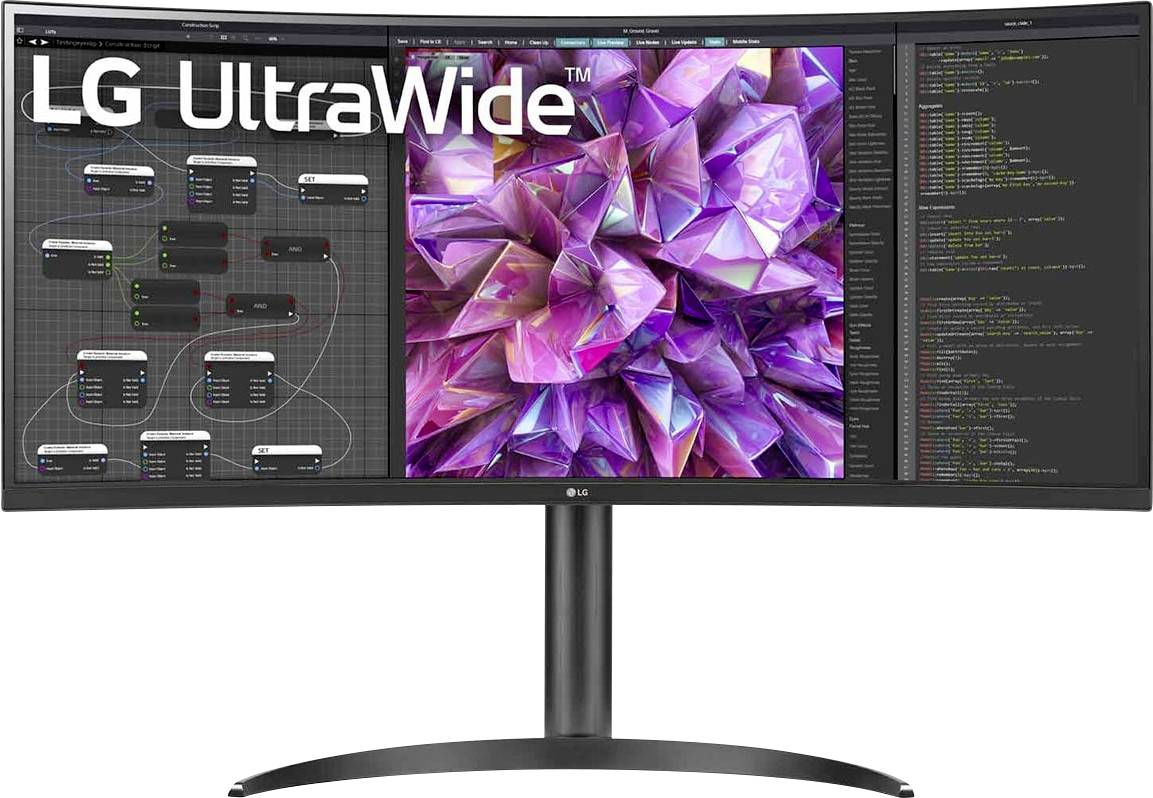 Duży, zakrzywiony monitor LG UltraWide wyświetlający interfejs symulacji z połączeniami węzłów po lewej stronie i kolorowymi grafikami 3D w centrum.