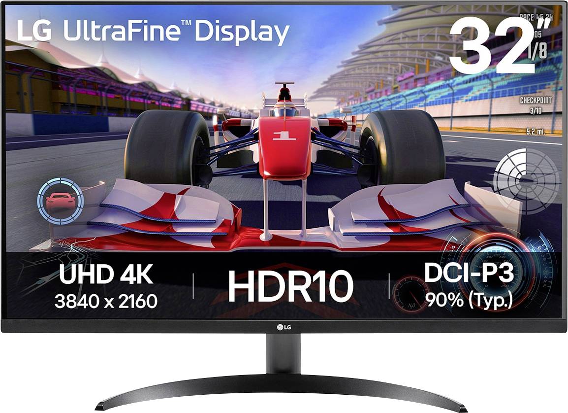 Monitor wyświetla grę wyścigową z czerwonym samochodem na torze. Tekst głosi: "Monitor LG UltraFine 32", UHD 4K 3840 x 2160, HDR10, DCI-P3 90%."