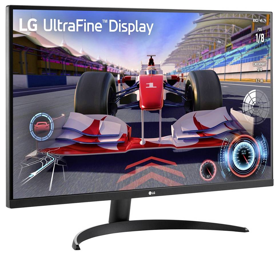 Gra wyścigowa wyświetlana na monitorze LG UltraFine, prezentująca czerwony samochód wyścigowy na torze, z elementami prędkości i nawigacji na ekranie.