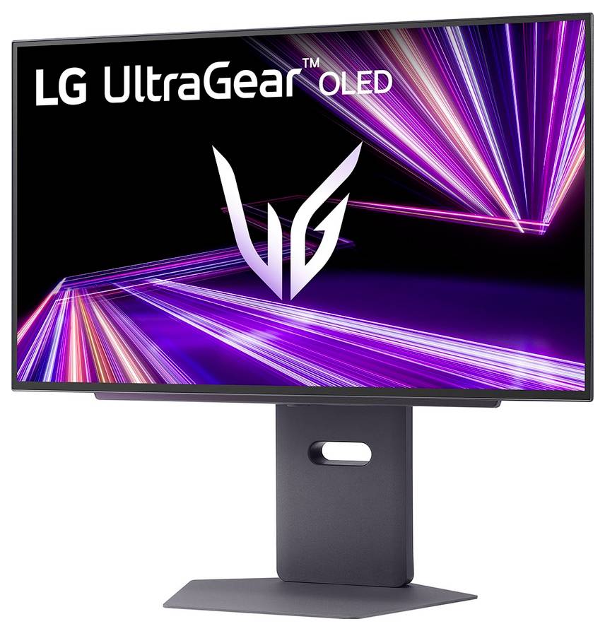 Monitor gamingowy LG UltraGear OLED wyświetlający żywe grafiki neonowe na ekranie, podtrzymywany przez solidną podstawę.