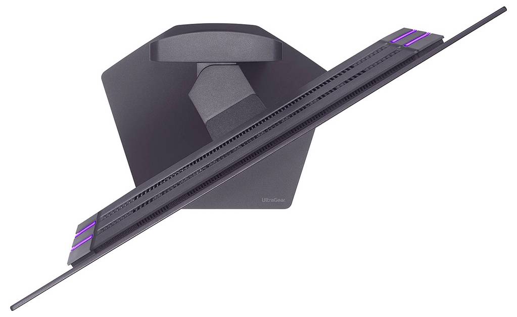 Cienki monitor widziany z góry pod skosnym kątem, prezentujący swoją smukłą sylwetkę i podstawkę. Powierzchnia wyświetlacza nie jest widoczna.