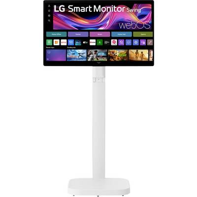 Monitor LG Smart z interfejsem webOS wyświetlający różne aplikacje, zamocowany na białym, regulowanym stojaku, prezentujący swoją wszechstronność w użyciu.