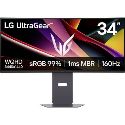 Monitor LG UltraGear 34-calowy z rozdzielczością WQHD 3440x1440, pokryciem przestrzeni barw sRGB 99%, czasem reakcji 1 ms MBR oraz częstotliwością odświeżania 160 Hz, przedstawiony na ekranie.