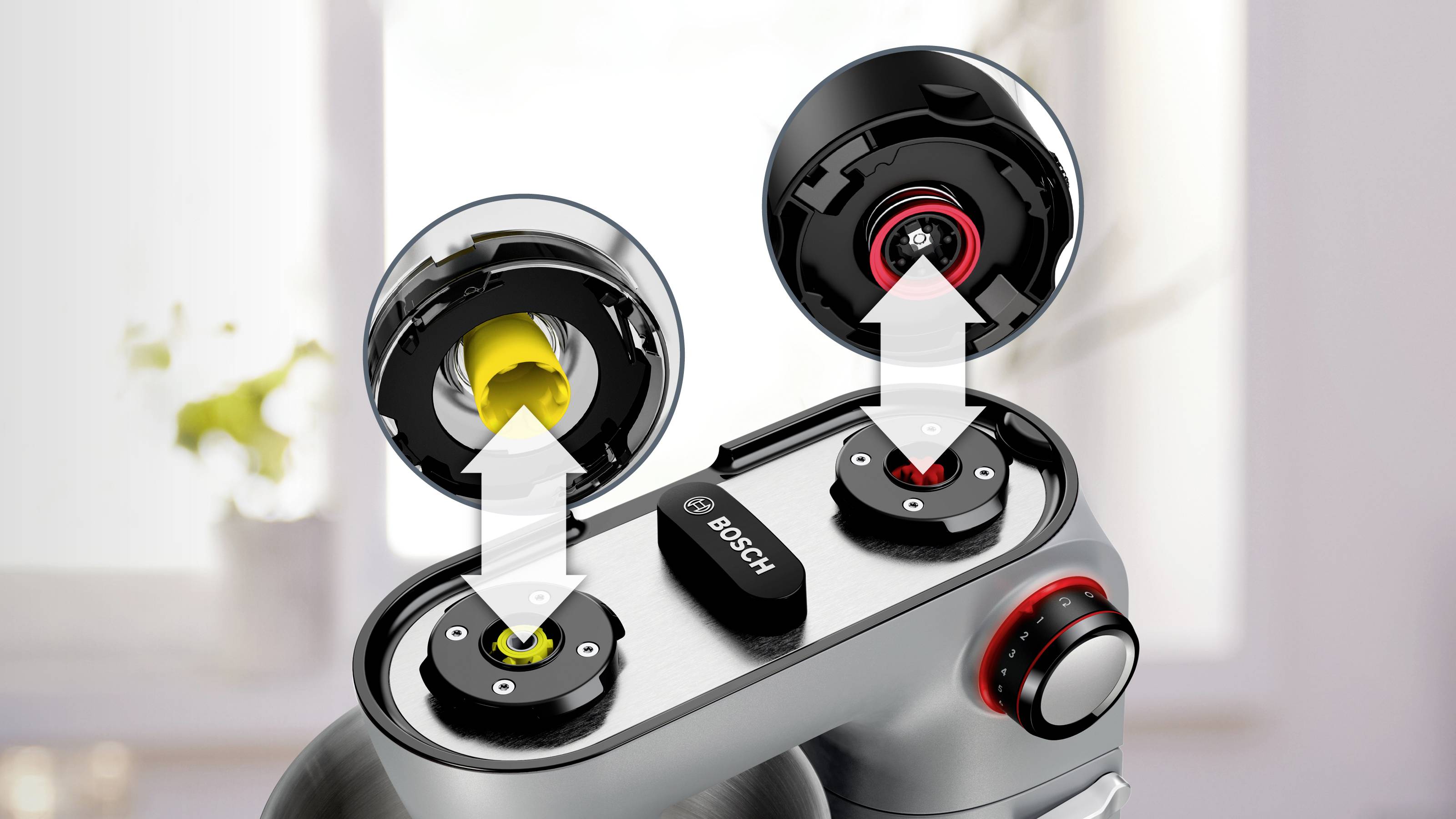 Widok z góry na sprzęt kuchenny przedstawiający dwa gniazda ze strzałkami skierowanymi w górę, wskazujące na łatwe wyjmowanie lub instalowanie akcesoriów.