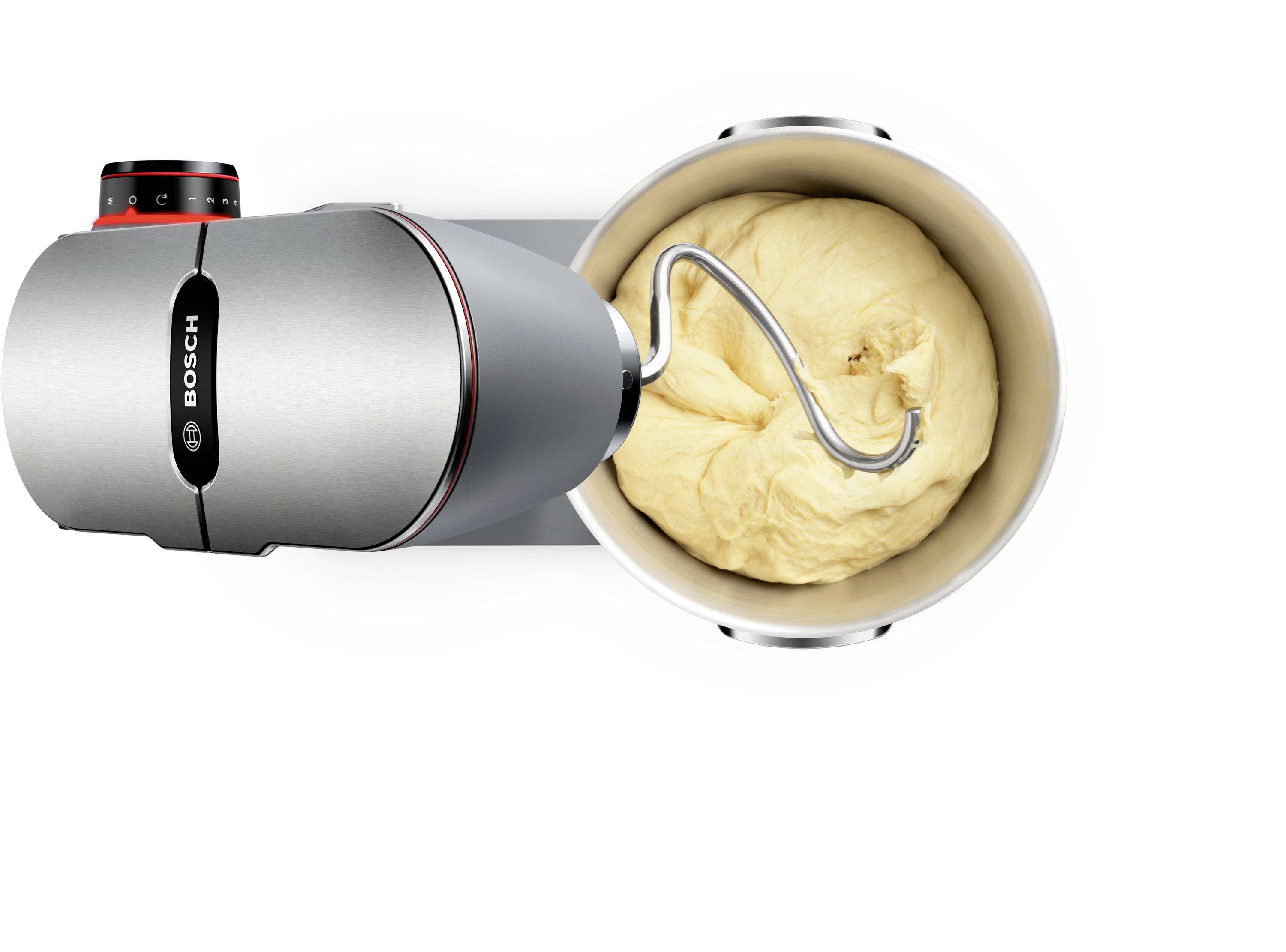 Widok z góry miksera stojącego Bosch z hakiem do ciasta, mieszającym duży zagnieciony bochenek ciasta w stalowej misce.