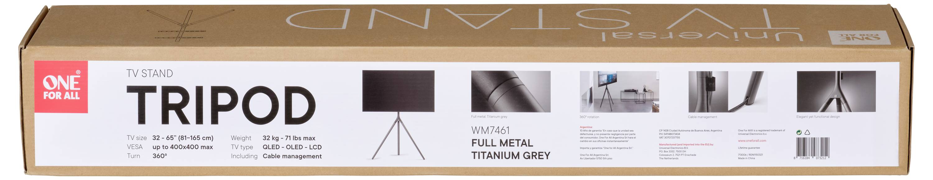 Podstawka pod telewizor 'TRIPOD' <br>Opakowanie zawiera:<br>- Zdjęcia produktu<br>- Wagę<br>- Wymiary<br>- Kolor<br><br>Logo marki 'ONE FOR ALL' w kolorze czerwonym