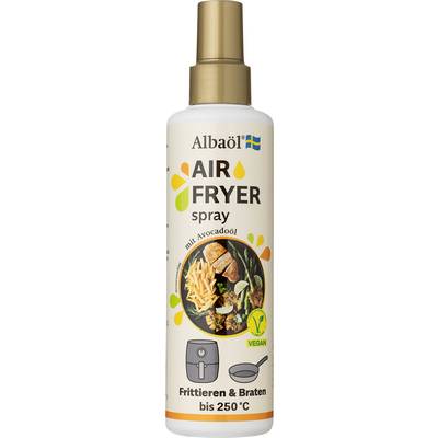 Spray do frytkowicy powietrznej z olejem awokadowym. Etykieta przedstawia frytki i kawałki awokado, posiada symbol wegański oraz wskazuje maksymalną temperaturę użycia do 250°C.
