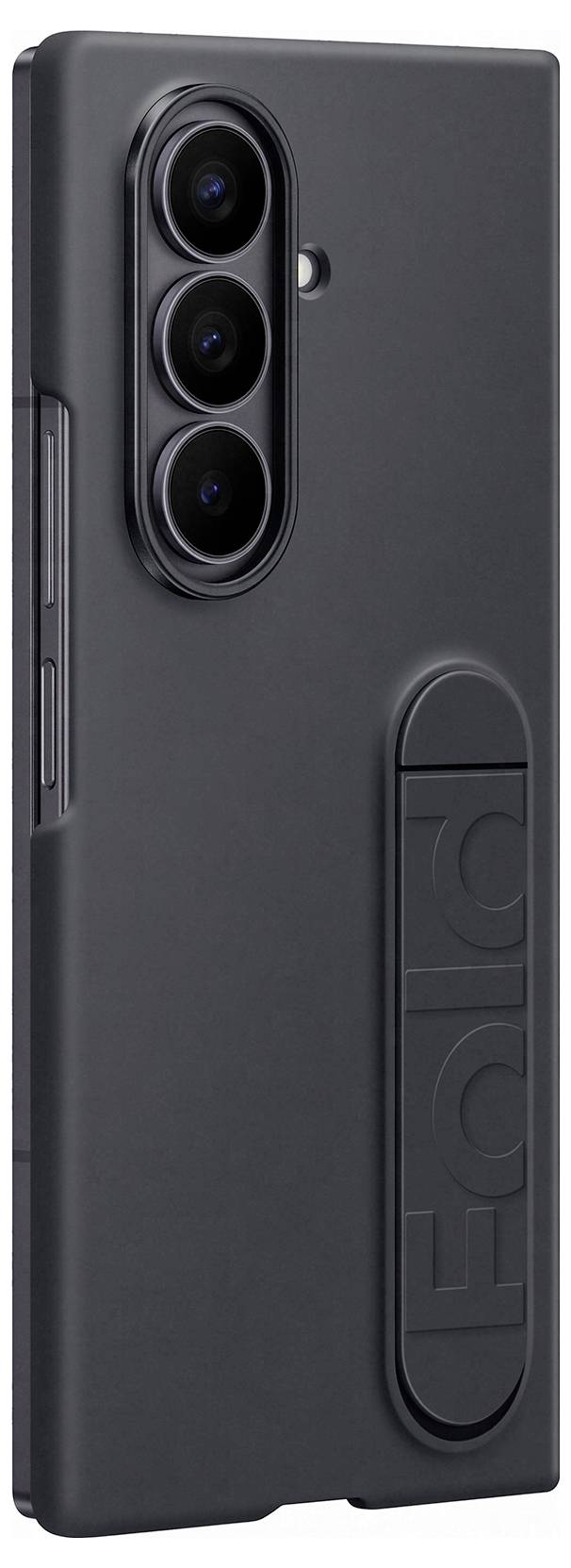 Smukły, czarny smartfon z trzema tylnymi aparatami i wytłoczonym wzorem 'Fold' na plecach.