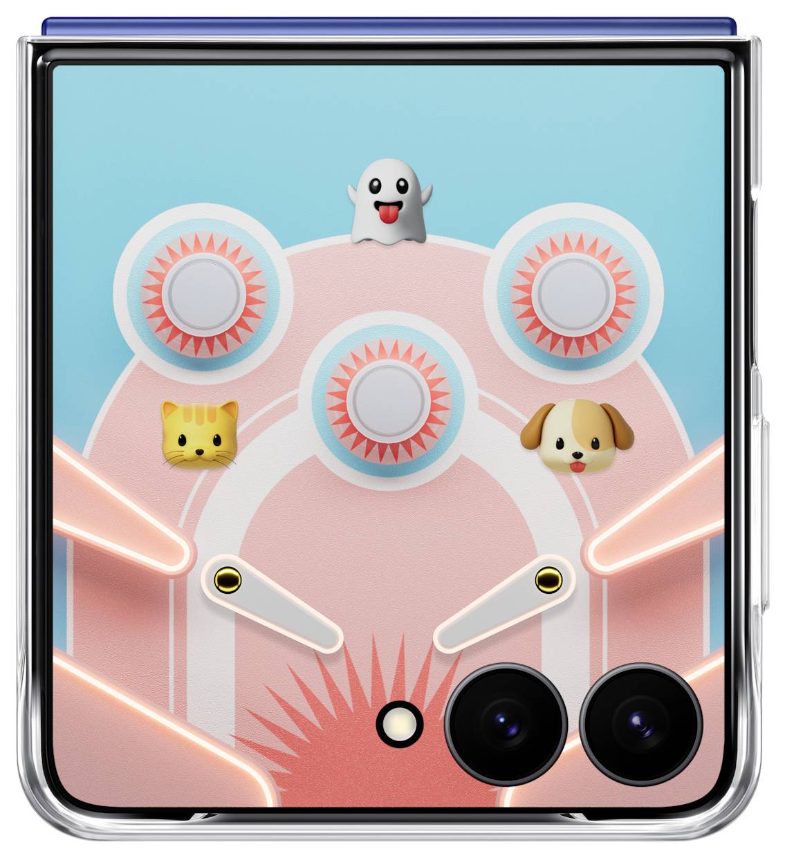 Składany smartfon wyświetla na ekranie zewnętrznym widżety cyfrowych zwierzaków, w tym ducha, kota i psa, umieszczone na tle pastelowego wzoru pinballa.