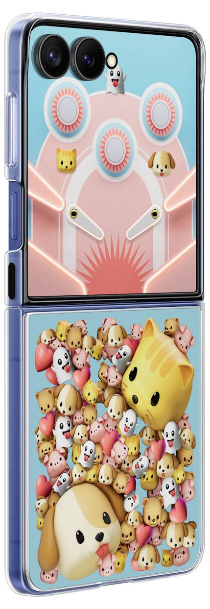 Składany smartfon z pokrowcem przedstawiającym wesołą grafikę ze zwierzętami; górna część pokrowca ma wzór retro z pinballa, dolna zaś ozdobiona jest licznymi mordkami zwierząt.