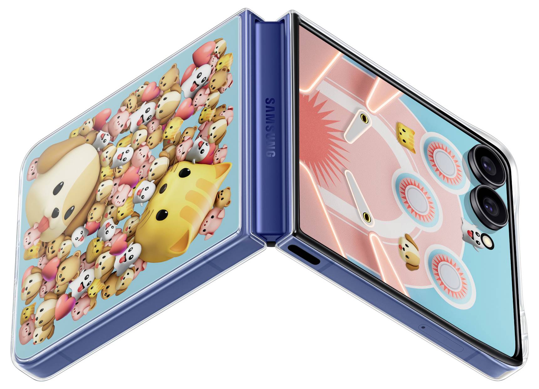 Niebieski składany telefon z kreskówkowymi wzorami zwierząt na etui i ekranie, wyposażony w kilka tylnych aparatów fotograficznych.