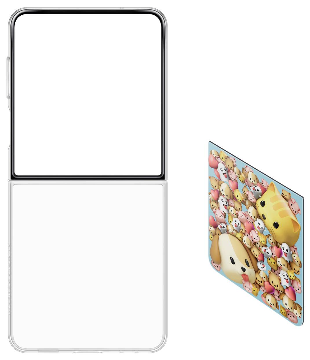 Składany smartfon częściowo rozłożony obok kartki z różnymi rysunkowymi twarzami zwierząt, w tym kota, tworząc zabawną i kolorową scenę.