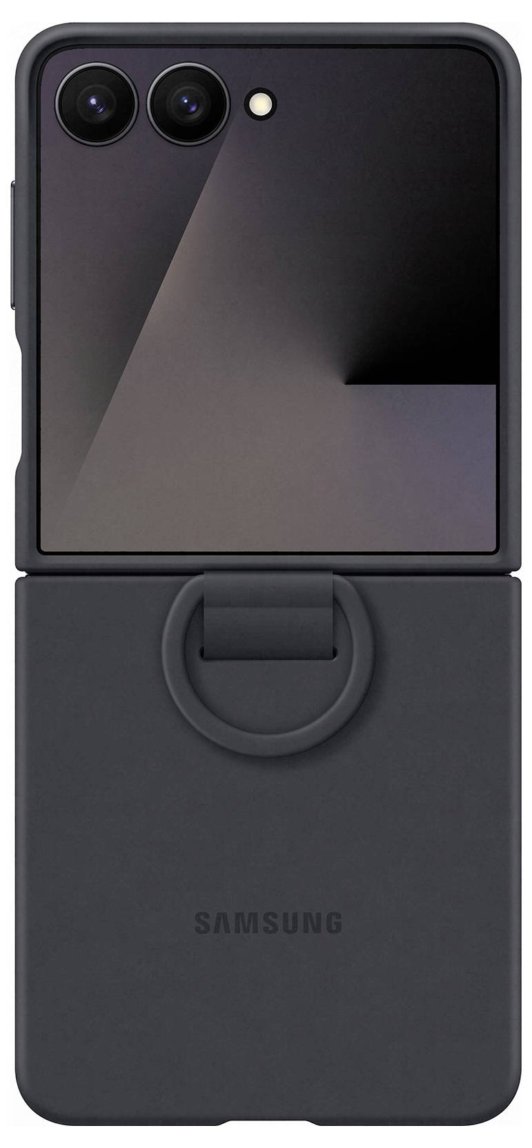 Składany smartfon Samsunga przygięty w połowie, ukazujący podwójny aparat fotograficzny oraz smukłą, szarą stylistykę.