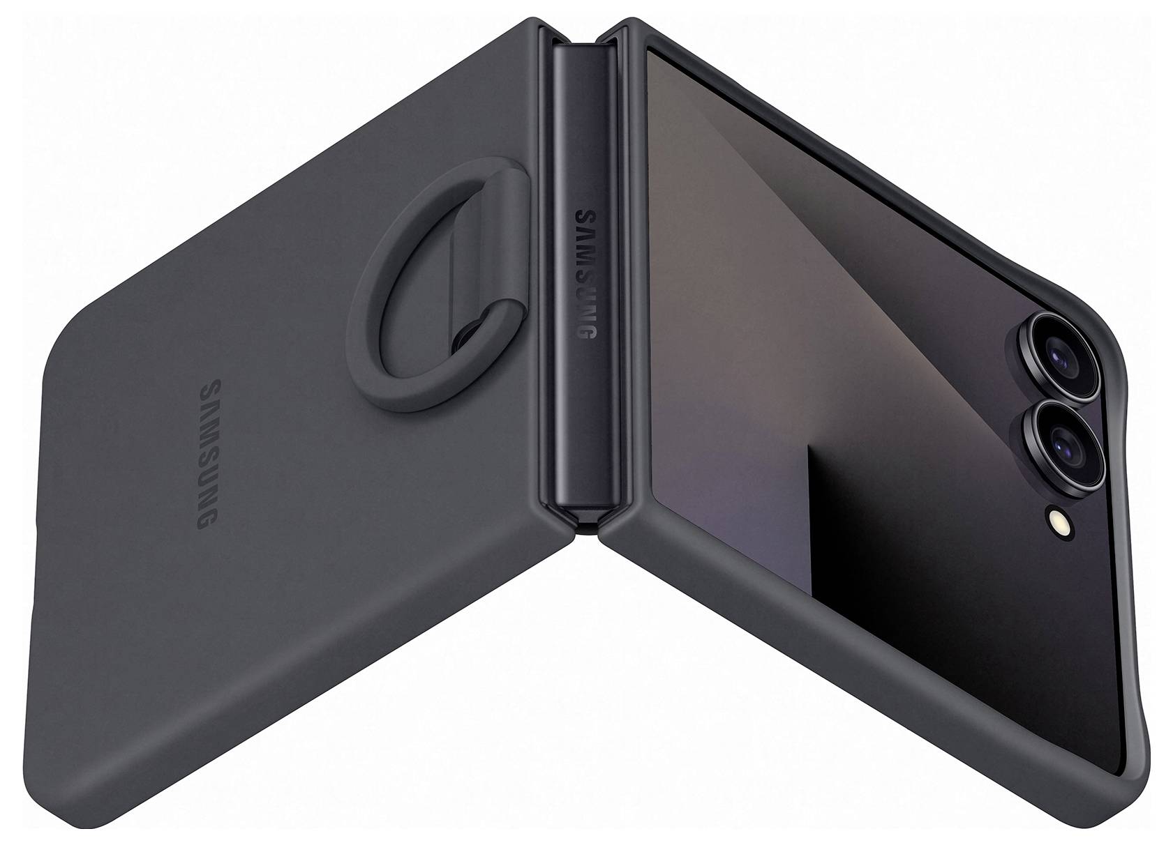 Smukły, czarny składany smartfon częściowo rozłożony, z podwójnym aparatem tylnym i etui z okrągłym uchwytem.