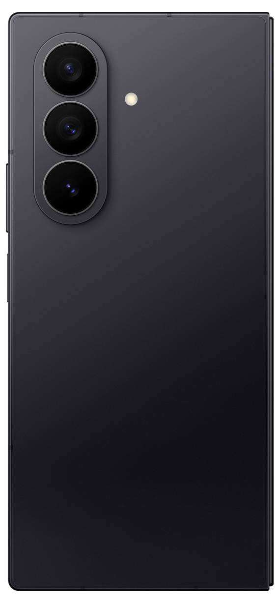 Czarny smartfon z trzema aparatami tylnymi ustawionymi pionowo w lewym górnym rogu oraz lampą błyskową obok nich.