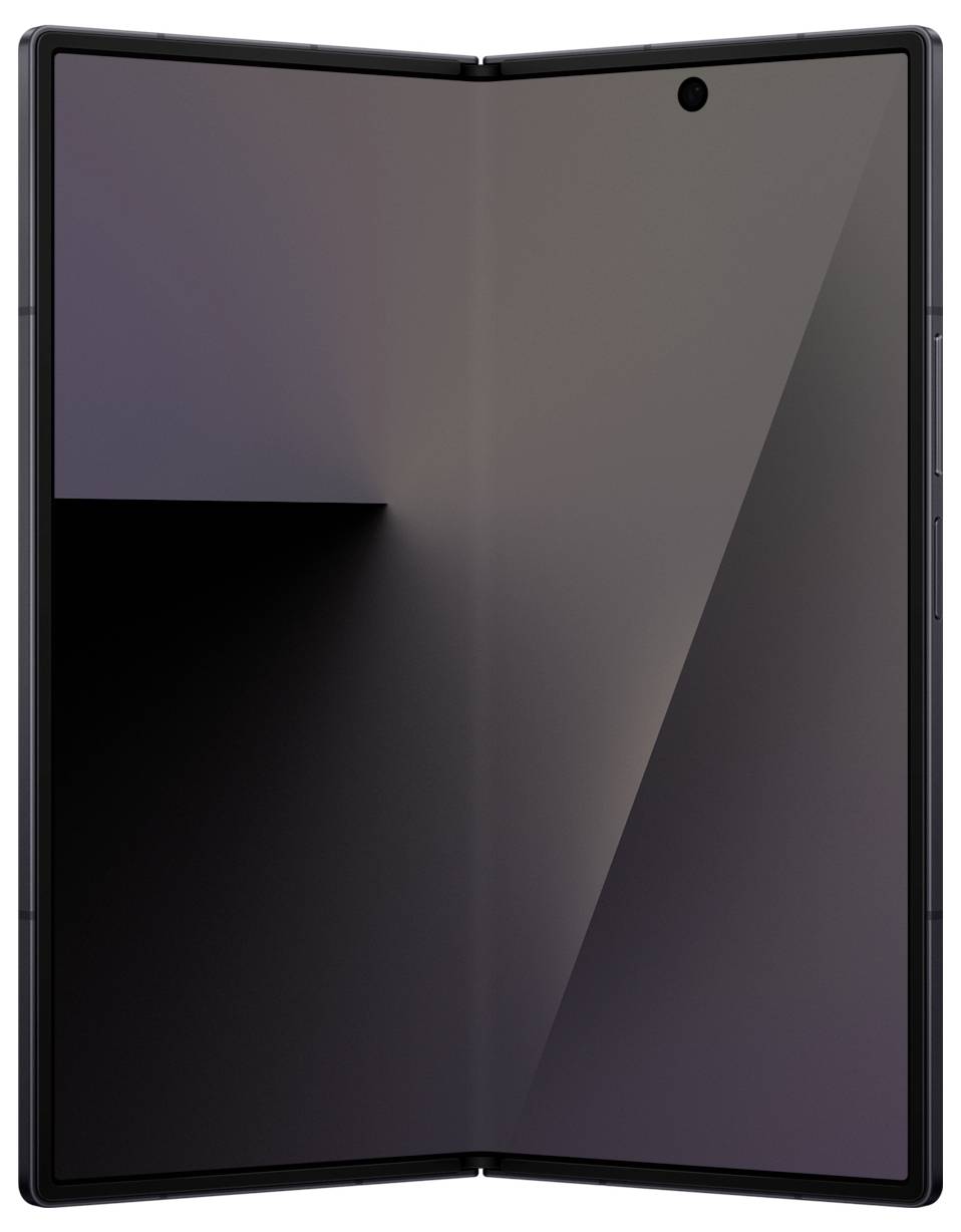 Składany smartfon częściowo rozłożony, prezentujący jednorodny, duży ekran z minimalistyczną tapetą i otworem na aparat w górnej części.