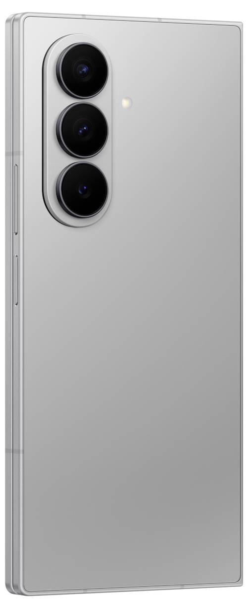 Smartfon z trzema kamerami tylnymi ułożonymi pionowo oraz lampą błyskową, o eleganckiej srebrnej stylistyce.