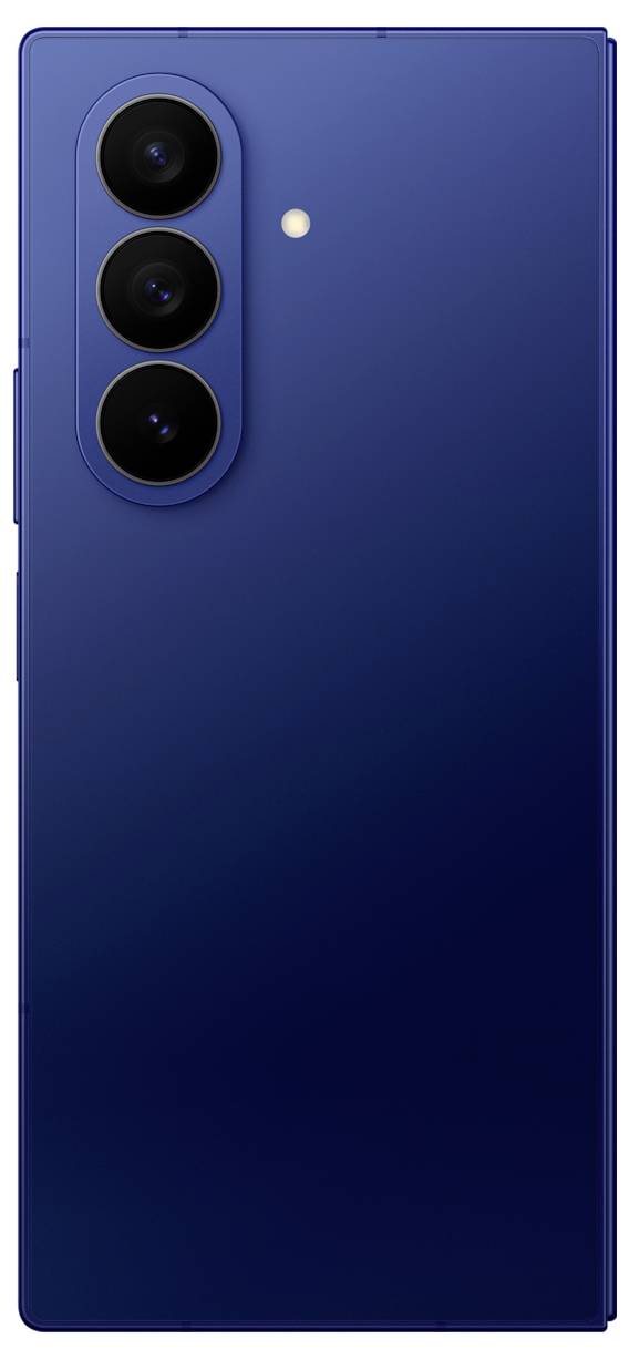 Smukły, ciemnogranatowy smartfon z trzema tylnymi kamerami i lampą błyskową, prezentujący minimalistyczny design.