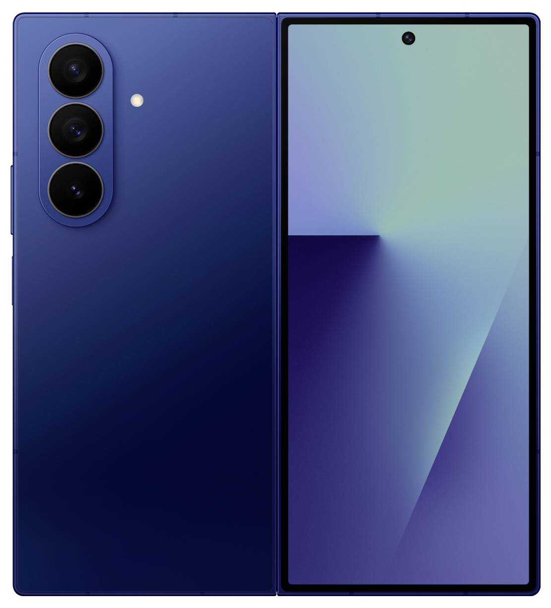 Smartfon z niebieskim tylnym panelem, trzema aparatami w lewym górnym rogu oraz wyświetlaczem na pełen ekran widocznym z przodu.