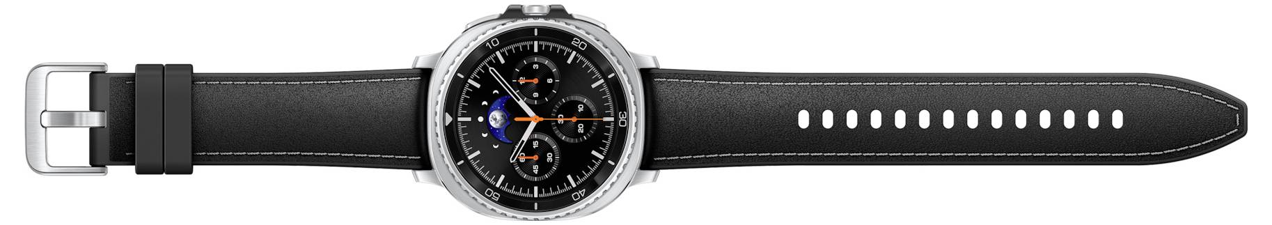 Srebrny smartwatch z czarnym skórzanym paskiem, wyświetlający zegar w stylu analogowym z pomarańczowymi akcentami i wieloma subdialami.