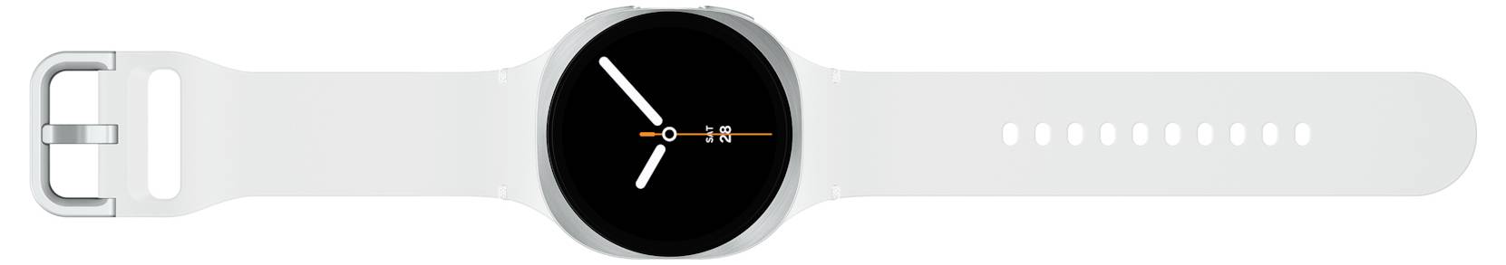 Cyfrowy smartwatch z okrągłym czarnym wyświetlaczem pokazuje godzinę 10:08. Zegarek ma smukły design z białym paskiem.