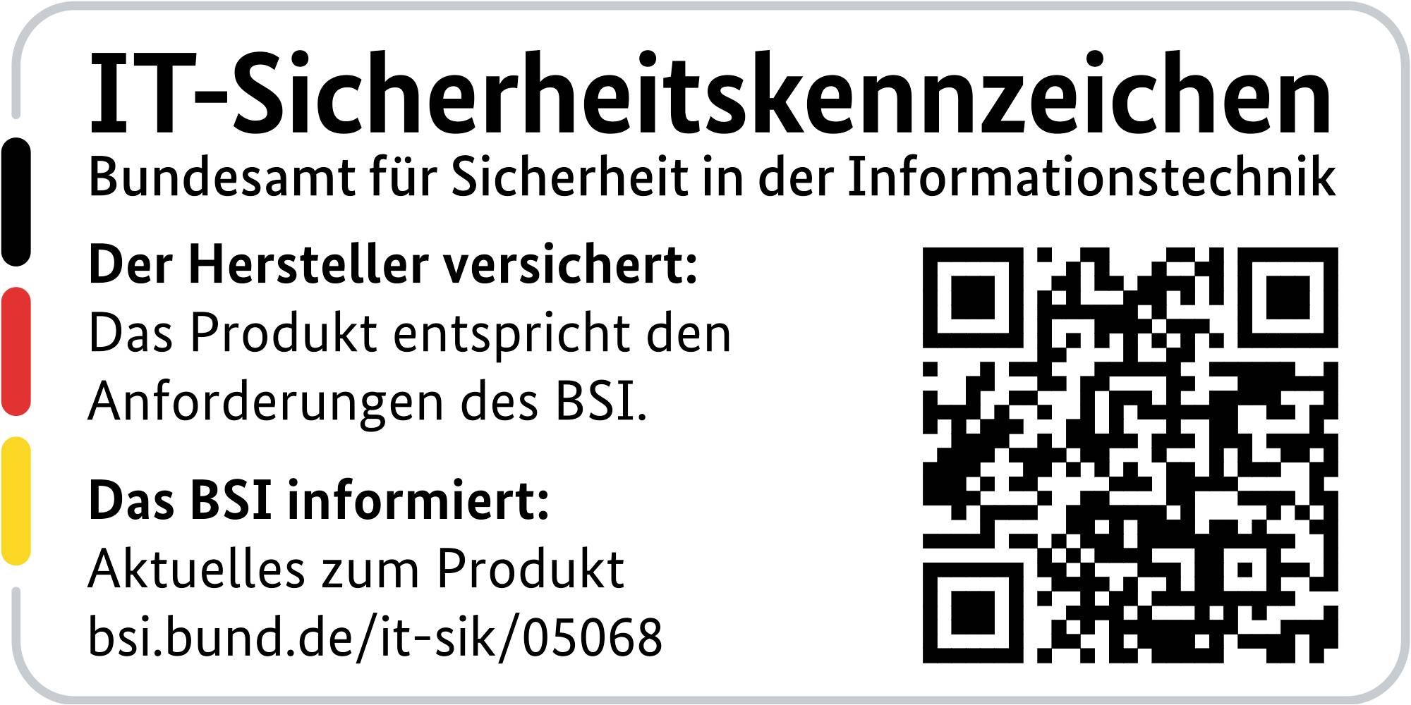Oznaczenie bezpieczeństwa IT Federalnego Urzędu ds. Bezpieczeństwa w Technologiach Informacyjnych. Zawiera kod QR i link z informacjami o produkcie.
