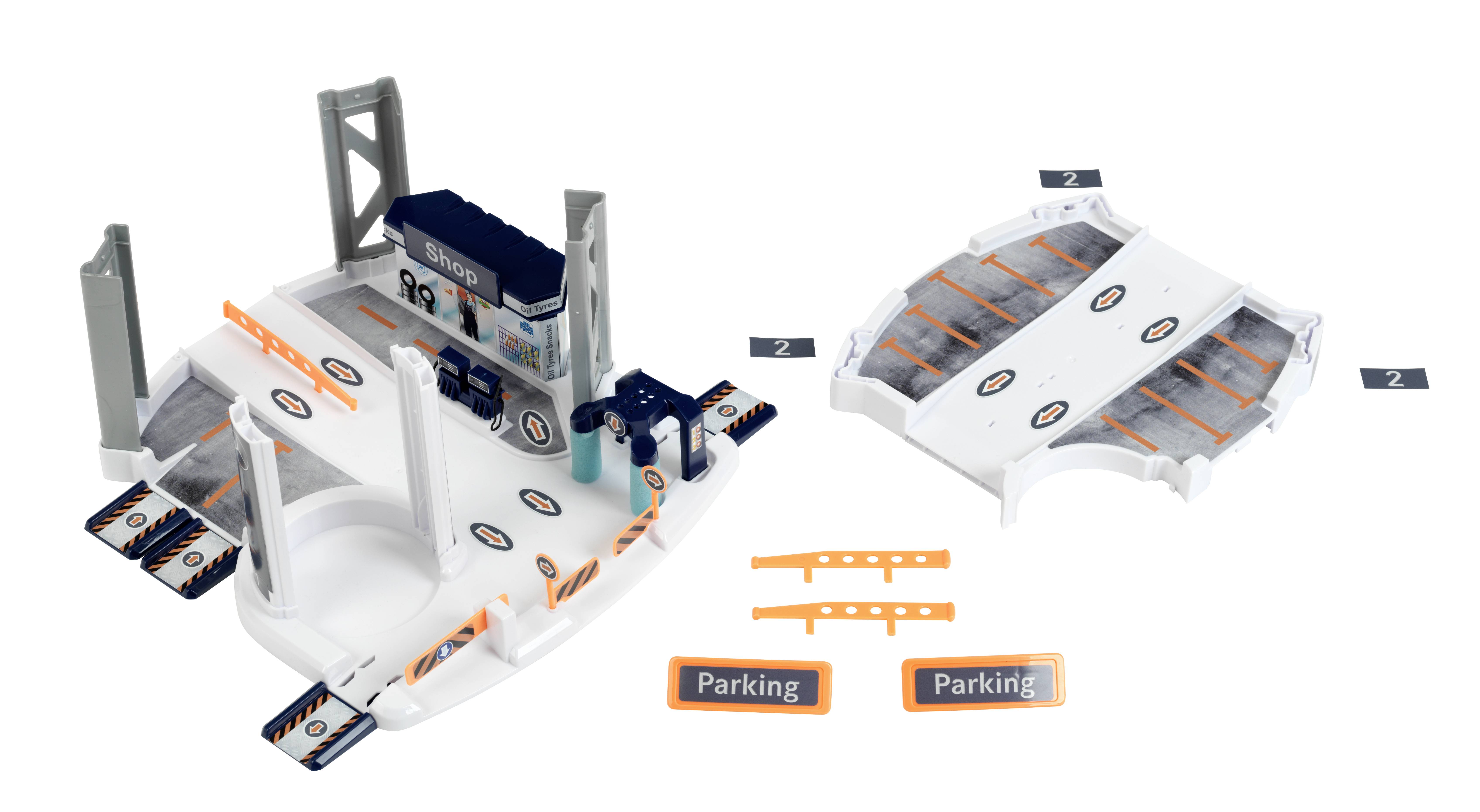 Zestaw zabawkowy parking z zjeżdżalniami, miejscami postojowymi i znakami. Oddzielne sekcje z pomarańczowymi i szarymi elementami do montażu.