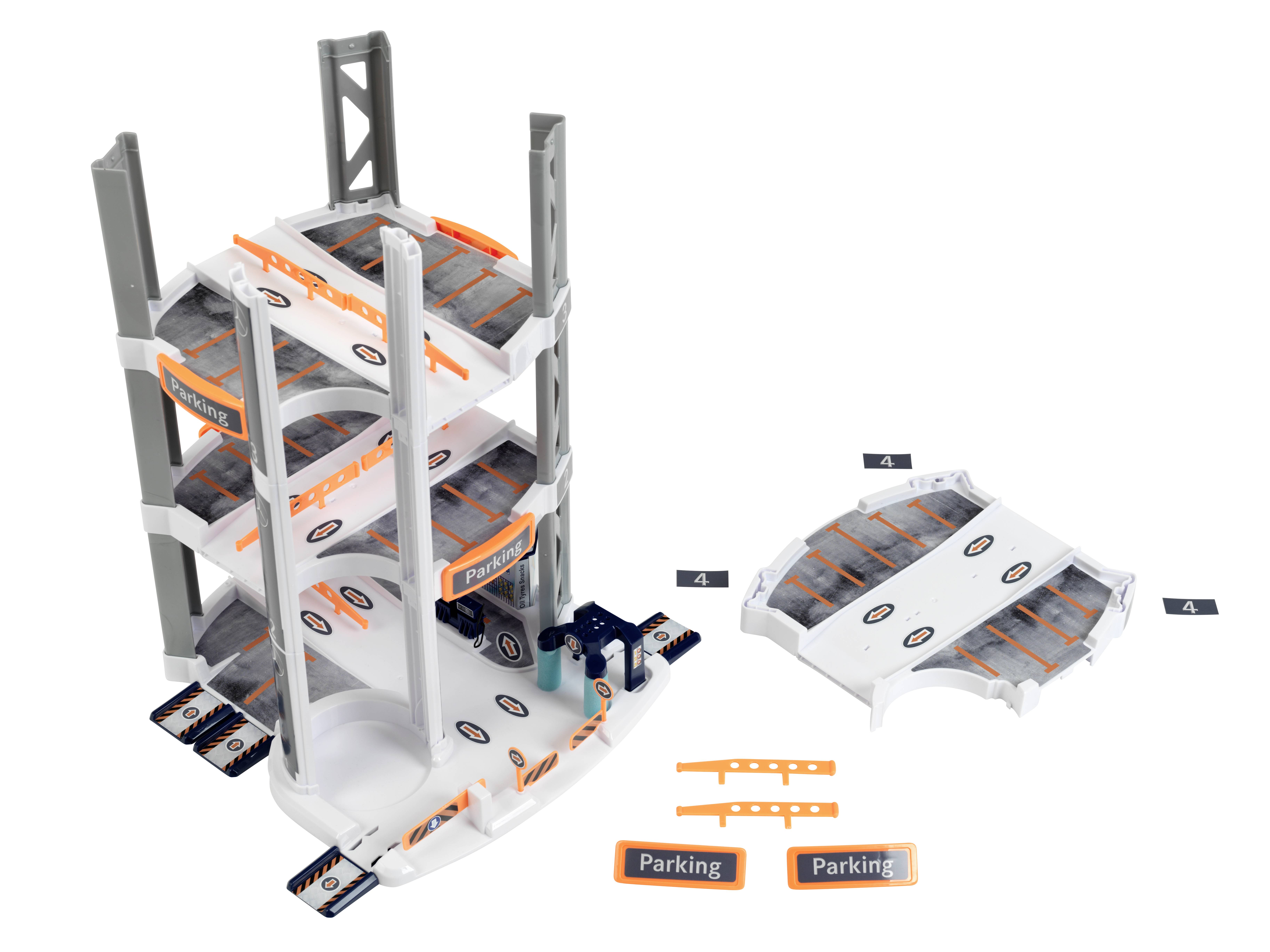 Wielopoziomowy garaż zabawkowy marki 'Expansion' z czterema kondygnacjami i windą do przewożenia samochodów. Osobna strefa parkingowa z tablicami oznaczonymi jako 'Parking'.
