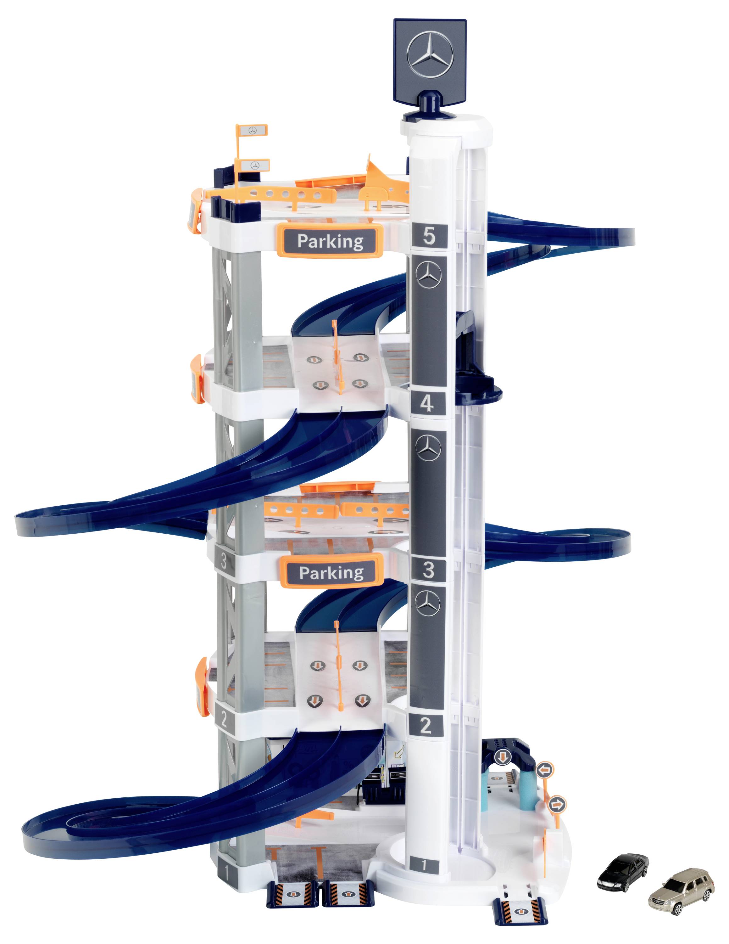 Wielopoziomowy garaż zabawkowy dla samochodów z rampami, ponumerowanymi poziomami i windą pionową. Zawiera dwa miniaturowe samochodziki u podstawy.
