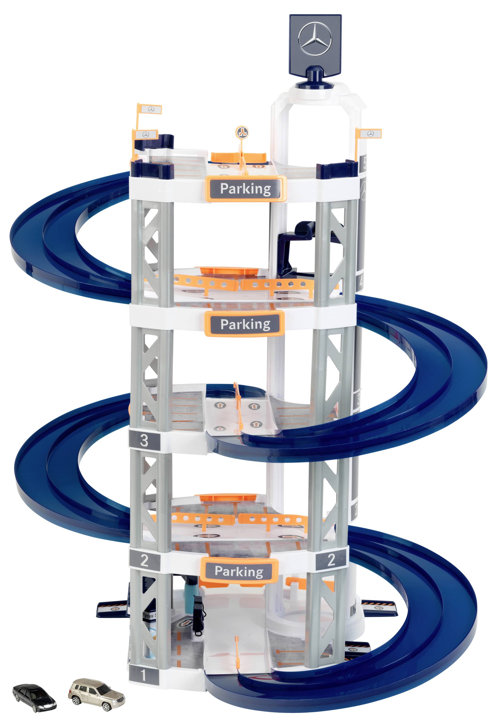 Model zabawkowy wielopoziomowego parkingu samochodowego z trzema niebieskimi spiralnymi zjazdami. Na dolnym poziomie zaparkowane są dwa małe samochodziki.