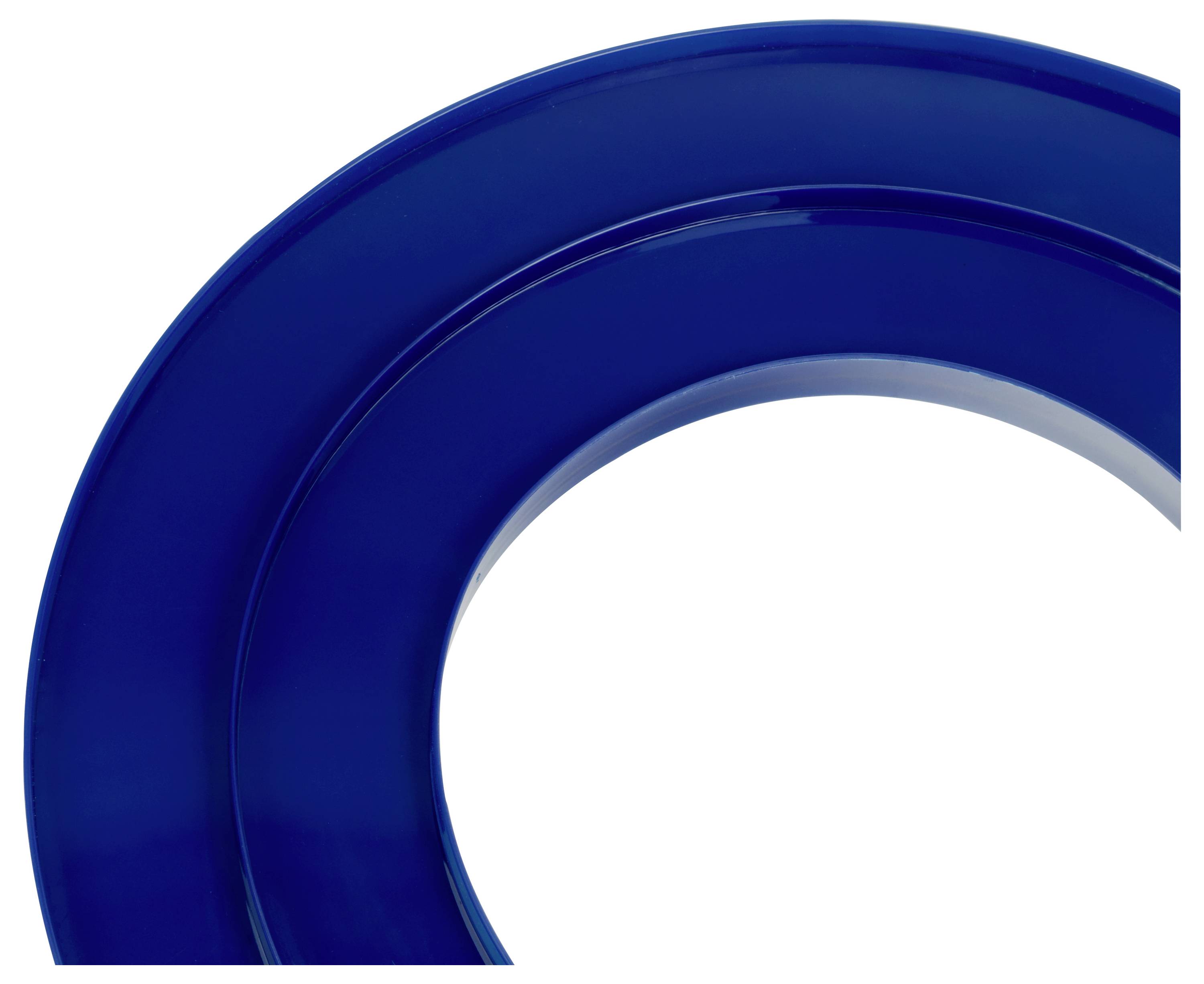 Dwie nachodzące na siebie, błyszczące niebieskie kręgi na białym tle, częściowo przycięte, tworzące nowoczesny i abstrakcyjny projekt wizualny.