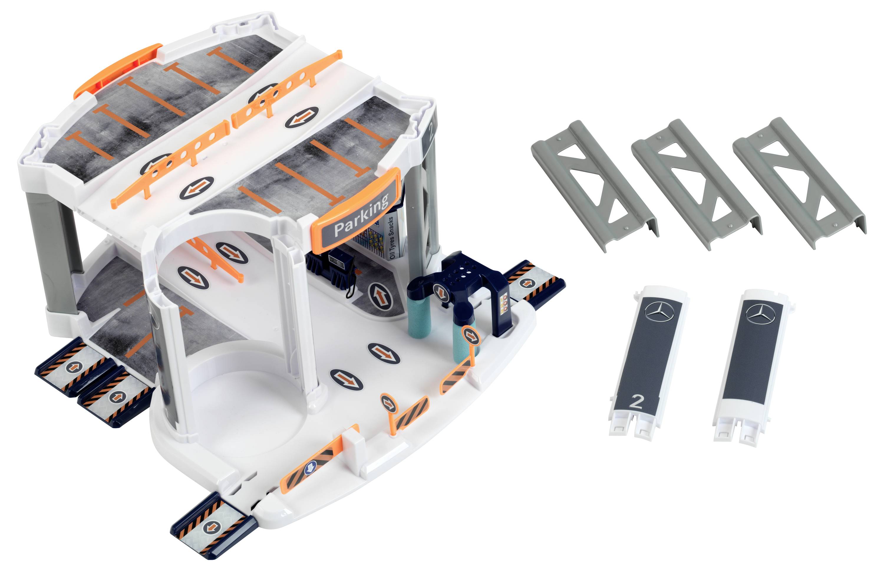 Zabawkowy parking z trzema poziomami, zjazdami i dwoma niebieskimi samochodzikami z tabliczką 'Parking'. Zestaw zawiera dodatkowe elementy drogi.