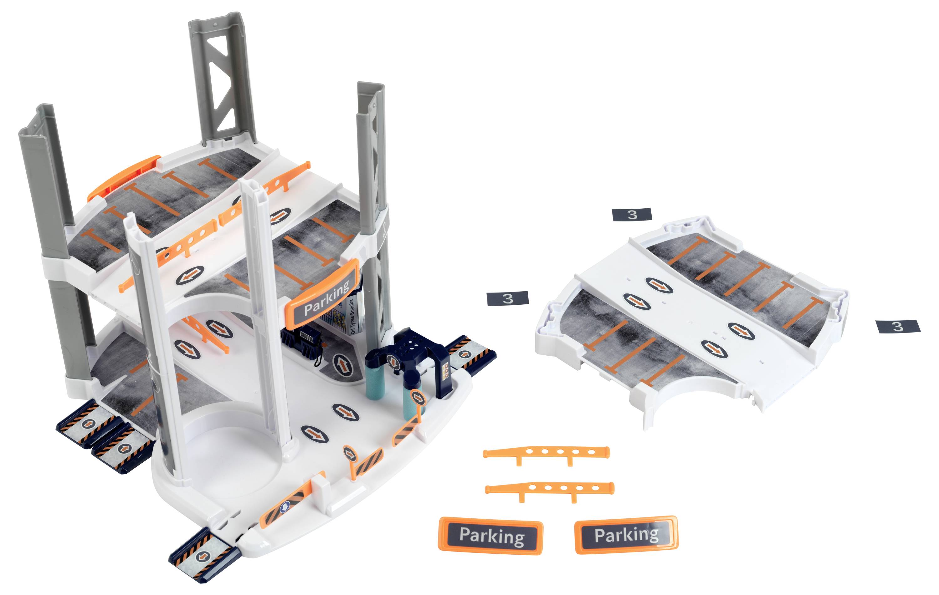 Zabawkowy parking wielopoziomowy z rampami i znakami parkingowymi. Posiada dodatkową odłączaną sekcję i łatwy montaż.