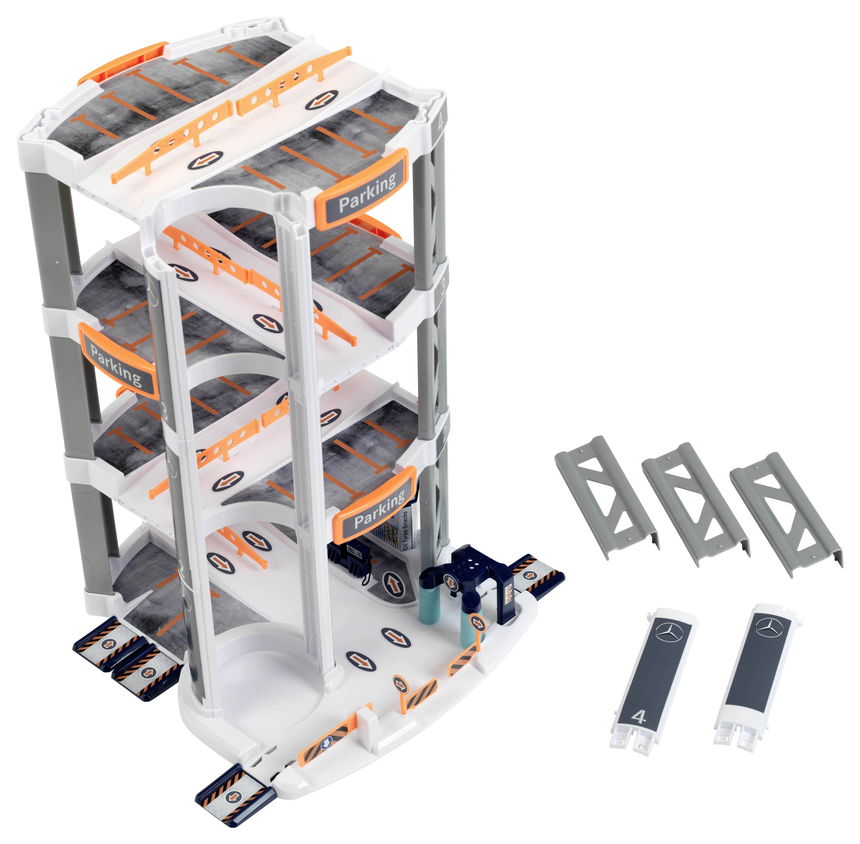 Wielopoziomowy zabawkowy parking z pomarańczowo-białym designem, wyposażony w podjazdy i miniaturowe znaki wyjścia dla samochodów.