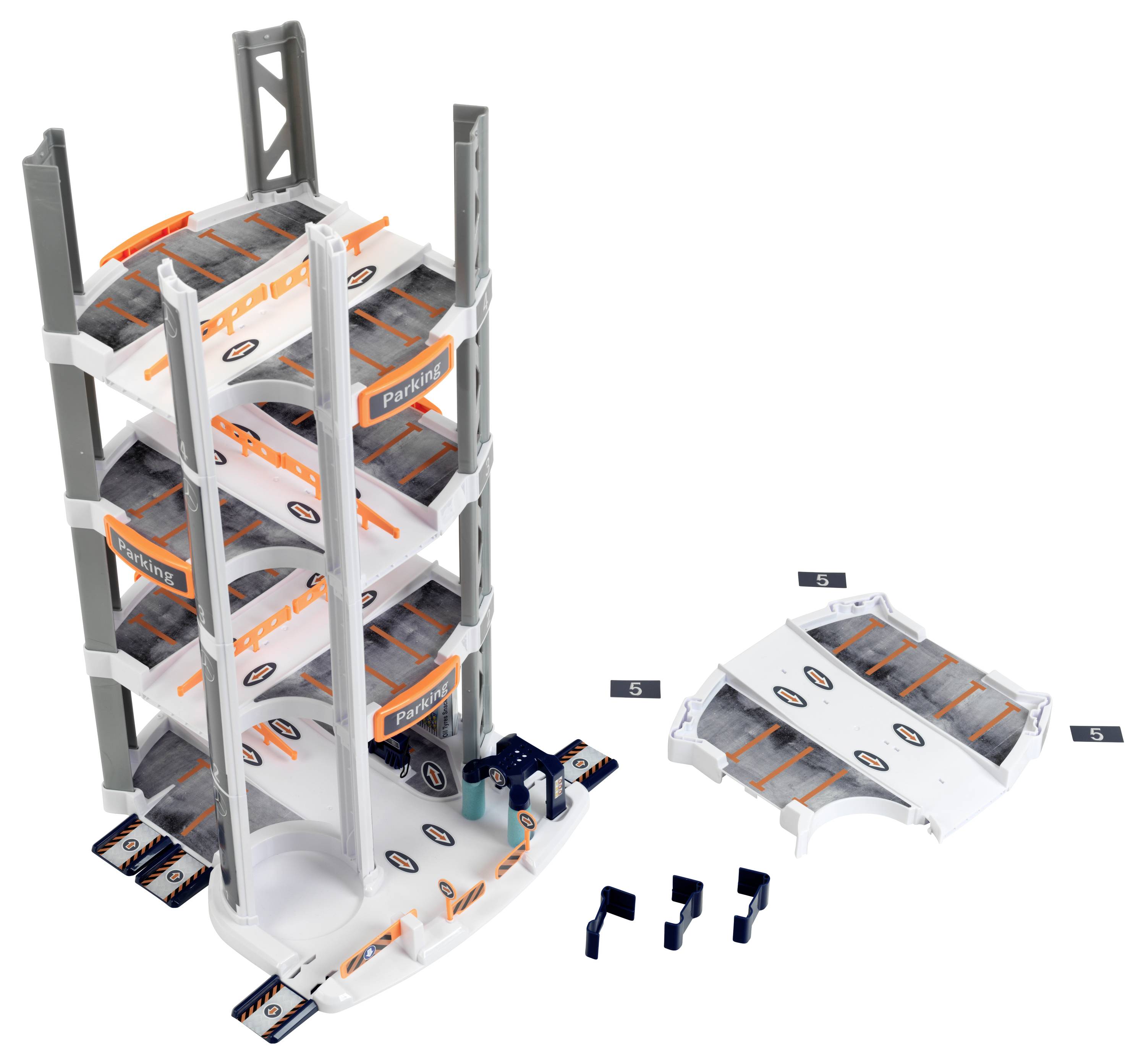 Pionowy regał magazynowy z kilkoma przegrodami przechowuje rzędy małych, ponumerowanych szarych pakietów. Obok niego leżą osobne komponenty i elementy mocujące.